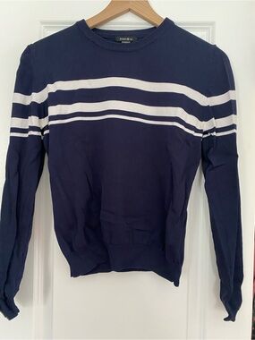 AMISU Navy Blue Striped Crewneck Sweater Women’s Size M Nautical Knit